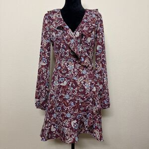 Forever 21 Dress Womens Medium Burgundy Floral Paisley Long Sleeve Ruffle Wrap